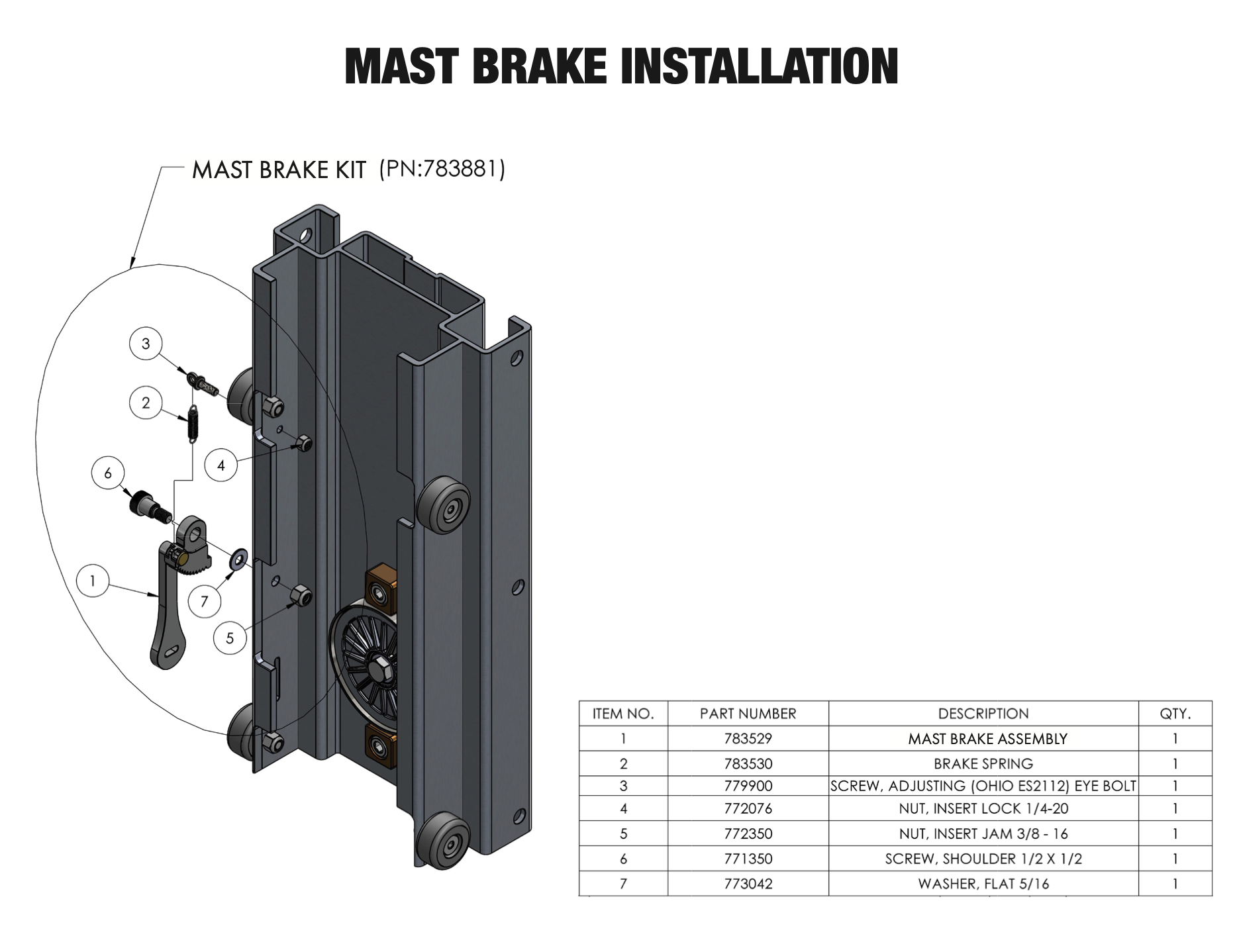 Sumner Series 2000 mast brake installation parts diagram for 783881 mast brake kit