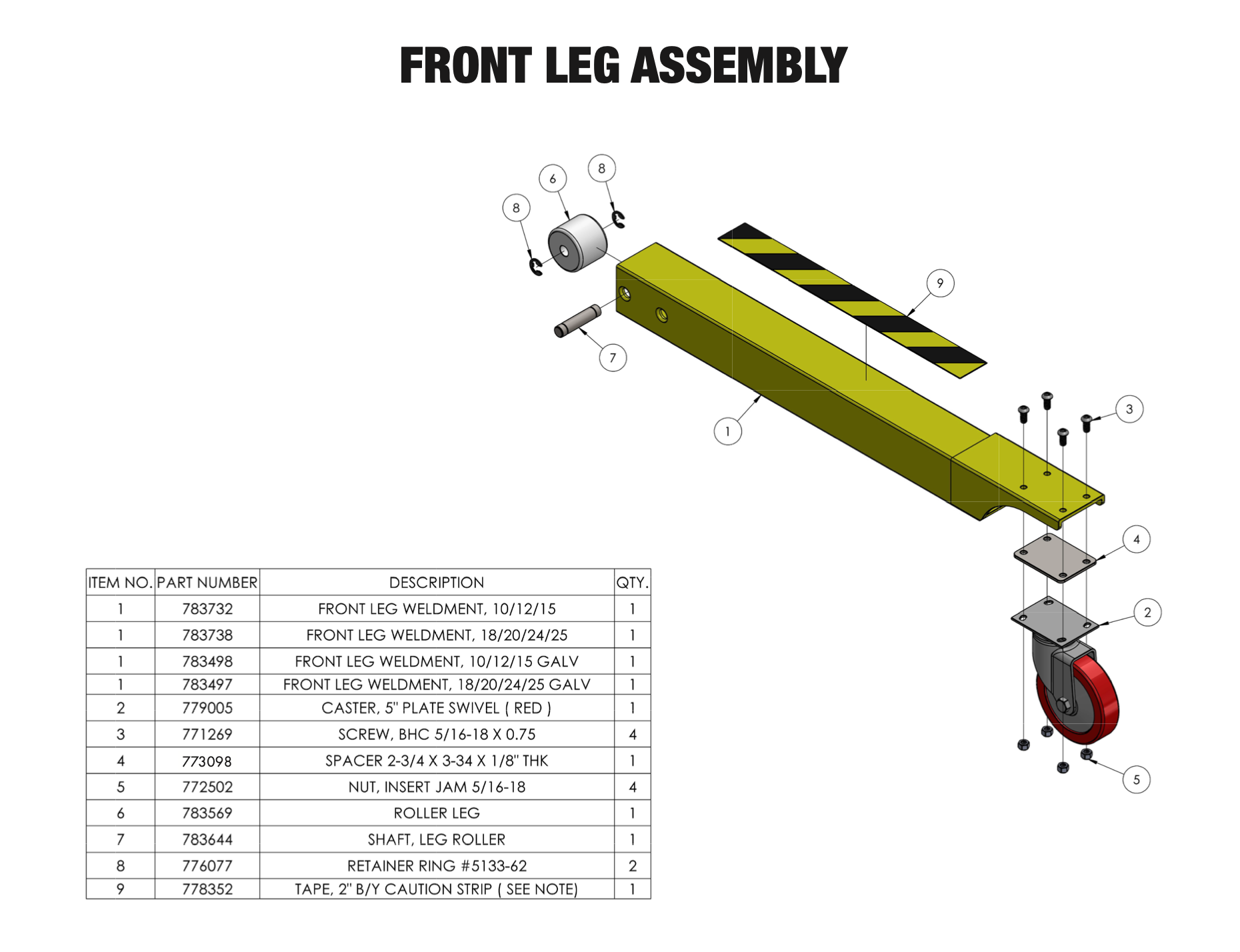 Sumner Series 2000 front leg assembly parts diagram with weldments caster roller leg and hardware