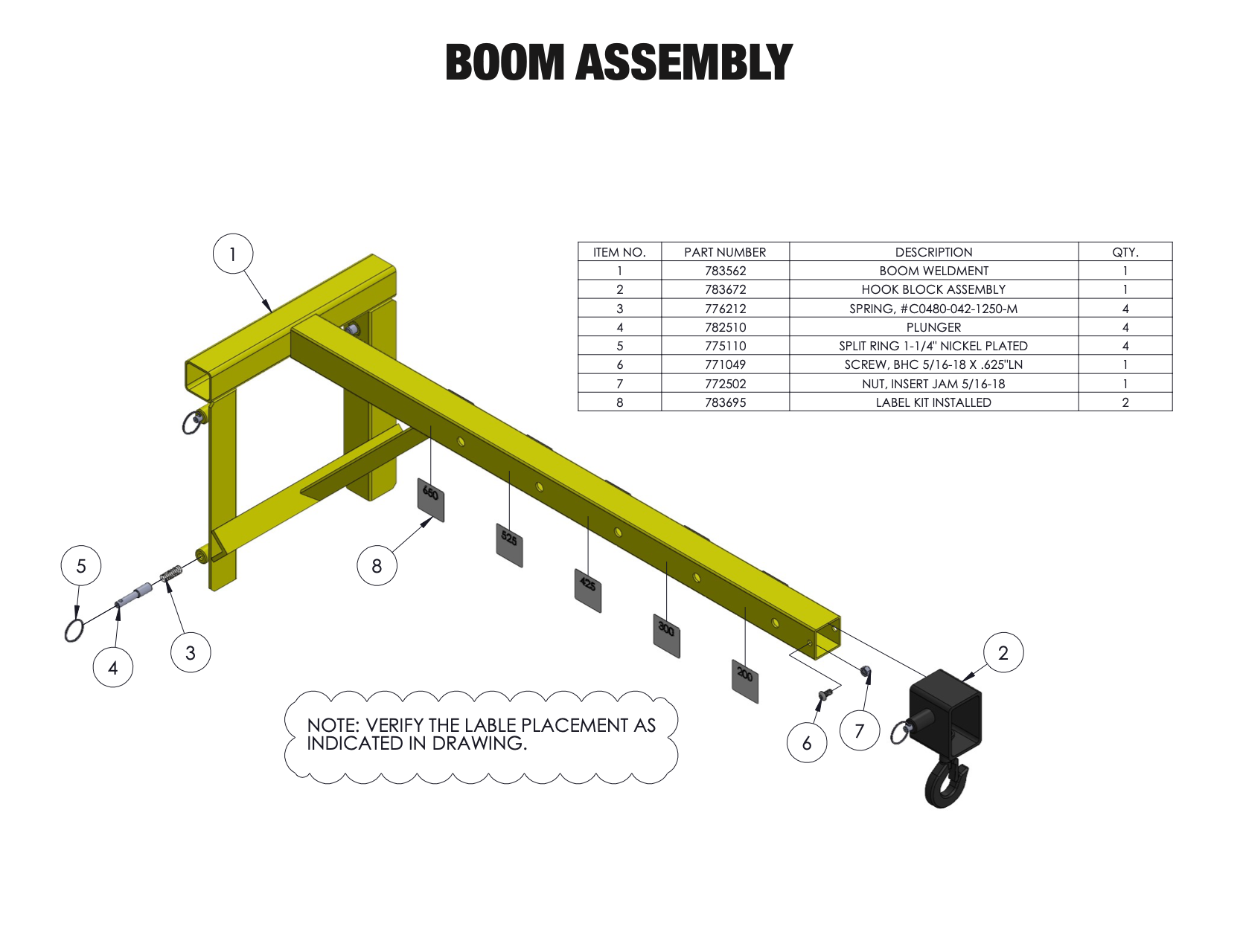 Sumner Series 2000 boom assembly parts diagram with 783562 boom weldment and 783672 hook block assembly