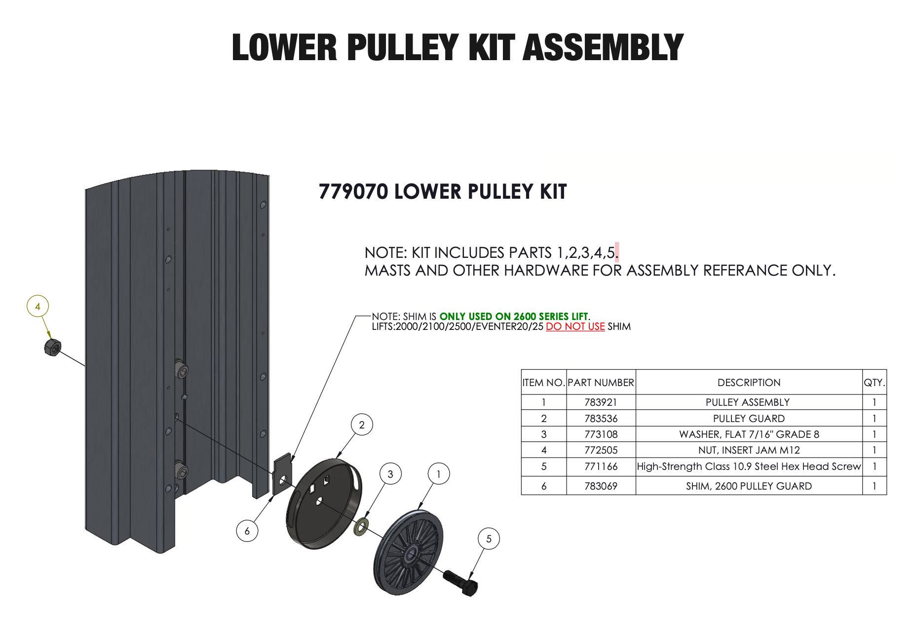     Sumner Series 2000 lower pulley kit assembly parts diagram for 779070 replacement parts
