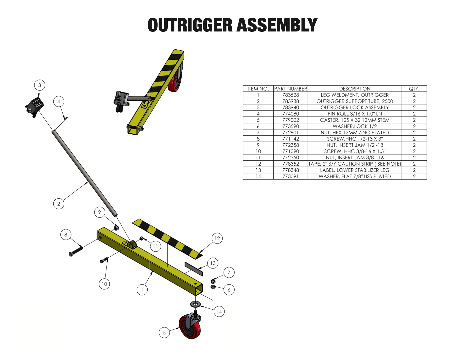     Sumner Series 2000 outrigger assembly parts diagram with 783528 leg weldment 783938 support tube and caster