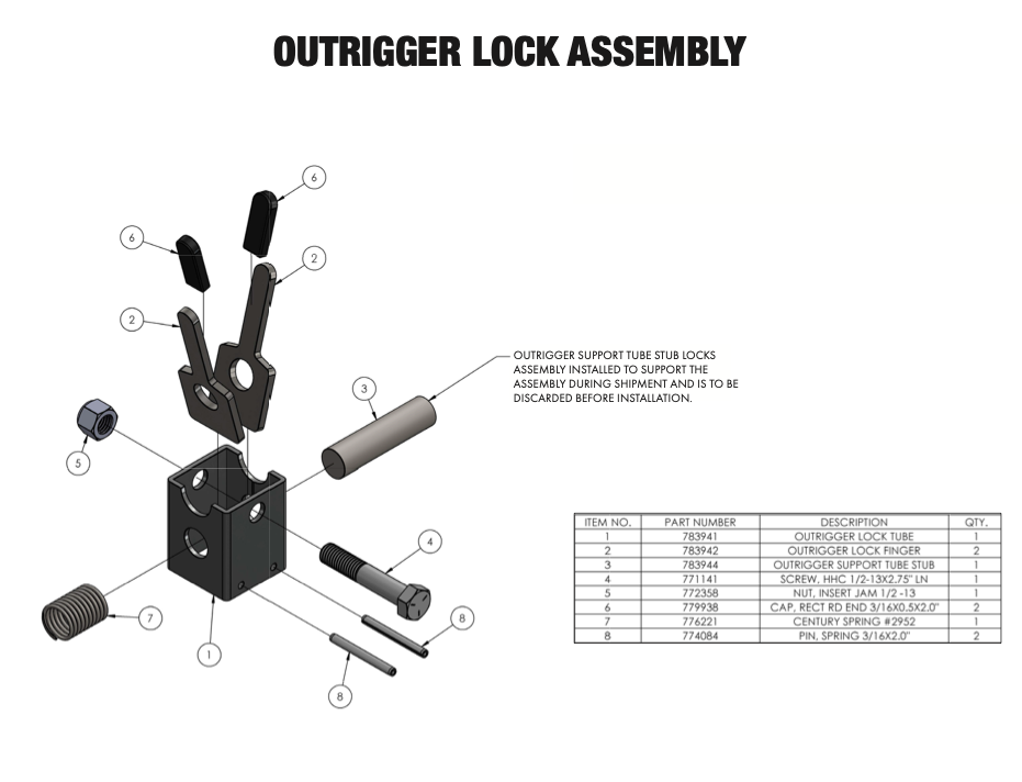     Sumner Series 2000 outrigger lock assembly parts diagram with 783941 lock tube 783942 lock finger and hardware