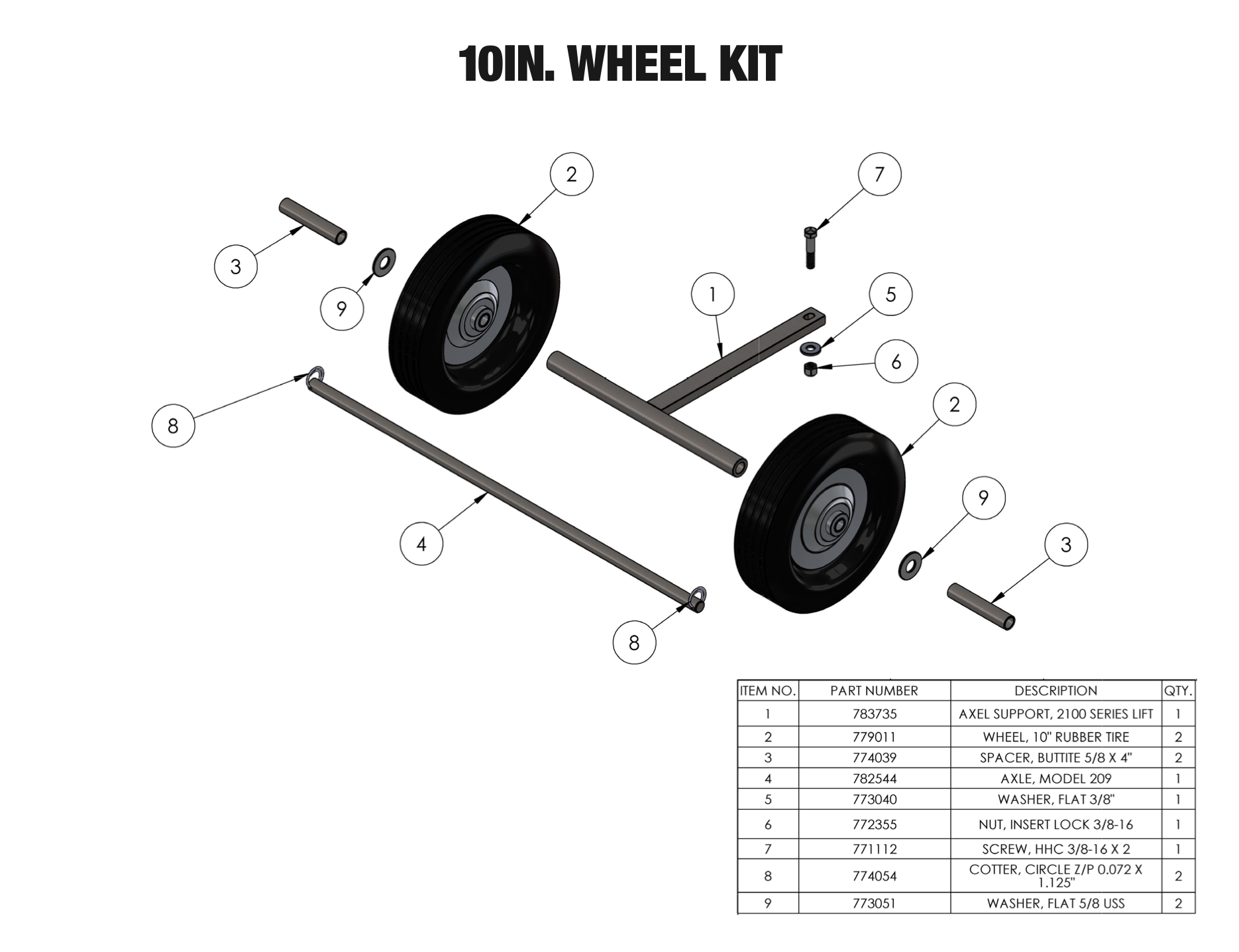     Sumner Series 2000 10-inch wheel kit parts diagram with wheel axle support and hardware