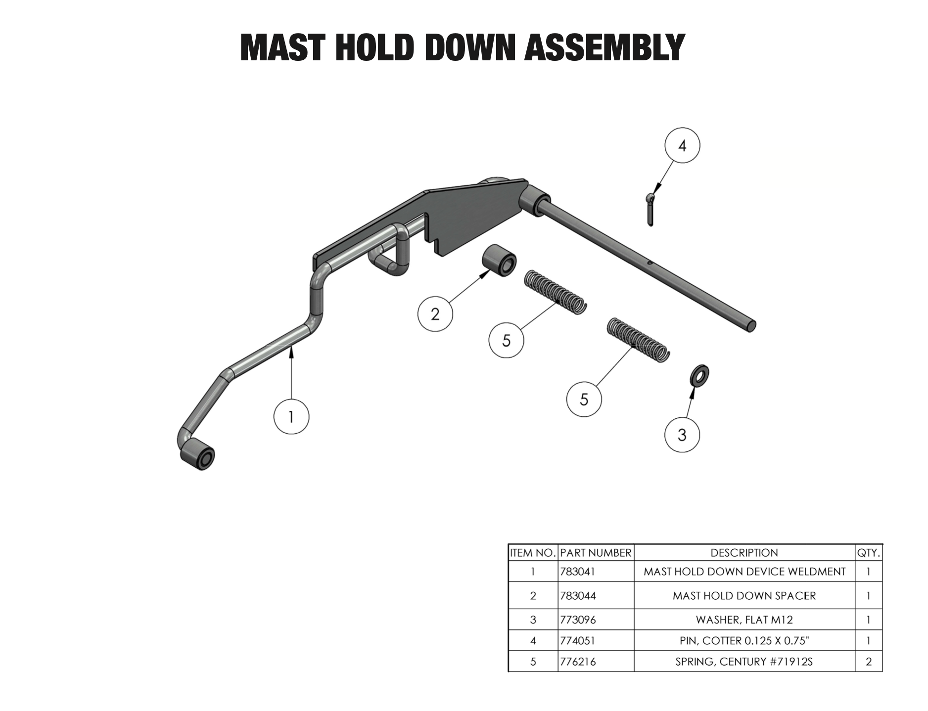     Sumner Series 2000 mast hold down assembly parts diagram with 783041 device weldment and spring