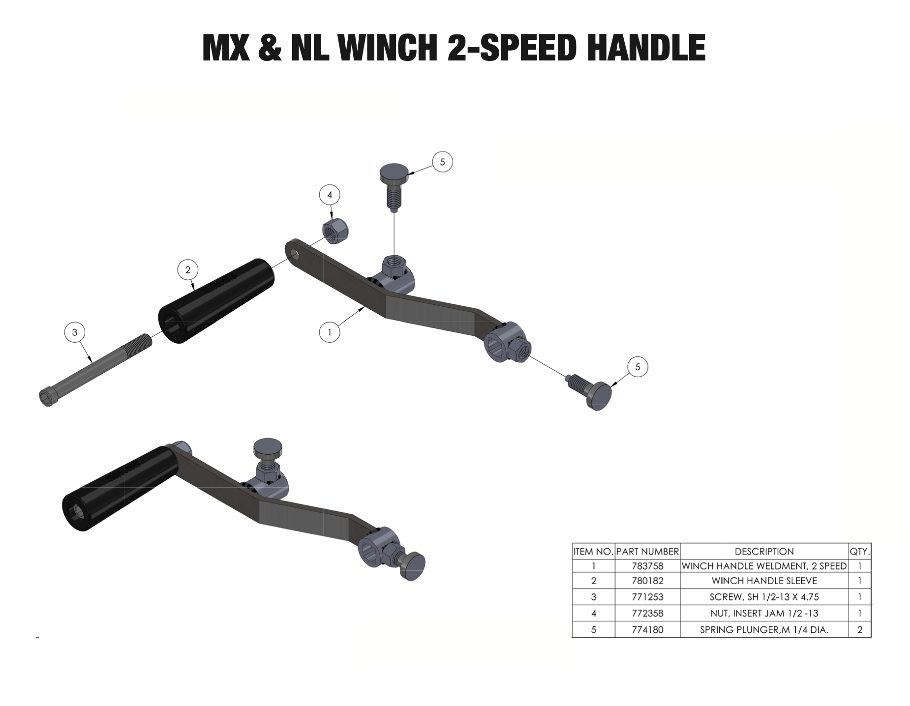     Sumner Series 2000 MX and NL winch 2-speed handle parts diagram with 783758 handle weldment and hardware