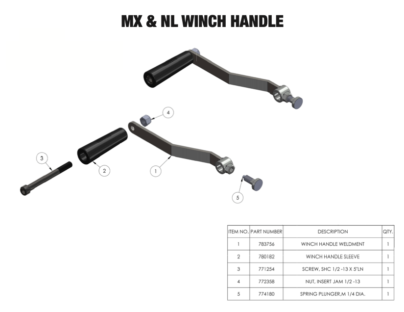    Sumner Series 2000 MX and NL winch handle parts diagram with 783756 handle weldment and hardware