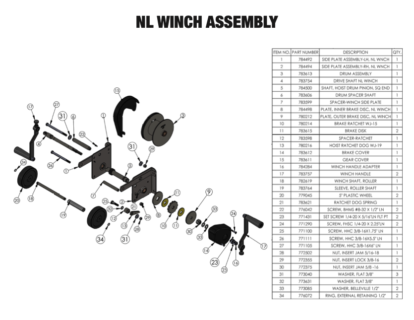     Sumner Series 2000 NL winch assembly parts diagram with drum shaft brake and ratchet components