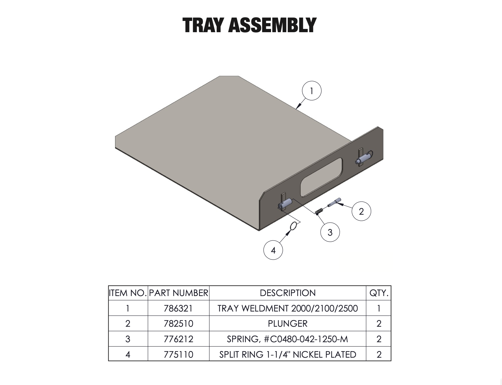     Sumner Series 2000 tray assembly parts diagram with 786321 tray weldment and tray locking hardware