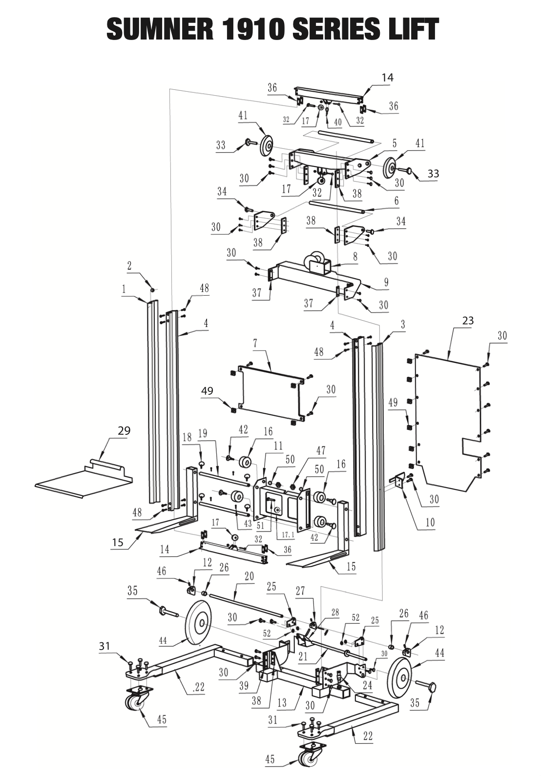     Sumner 1900 Series lift exploded parts diagram for 1908 and 1910 replacement parts